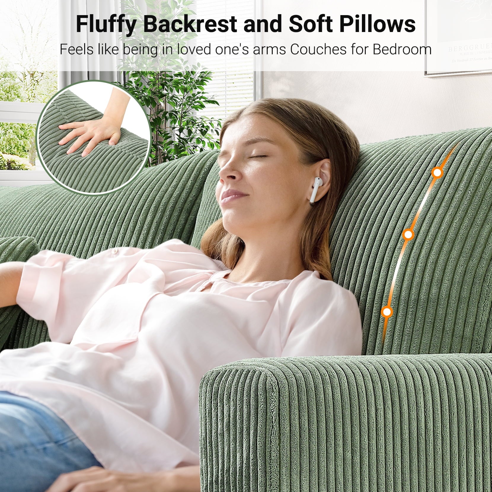 87 Corduroy Sofa,3 Seater Sofa with Extra Deep Seats,Neche Comfy Upholstered Couch for Living Room,2 Pillows,Green