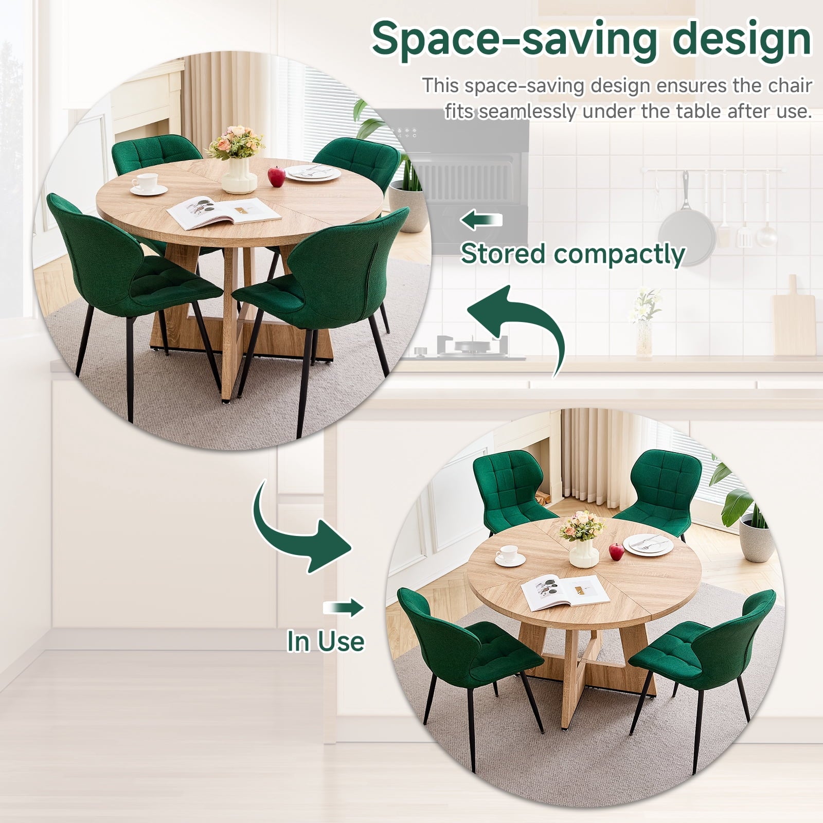 47 Round Dining Table Set for 4 Mid-Century Modern Kitchen Table with 4 Upholstered Chairs Kitchen Coffee Set Dining Table and Chairs for Living Room(Natural Table with 4 Beige Chairs)