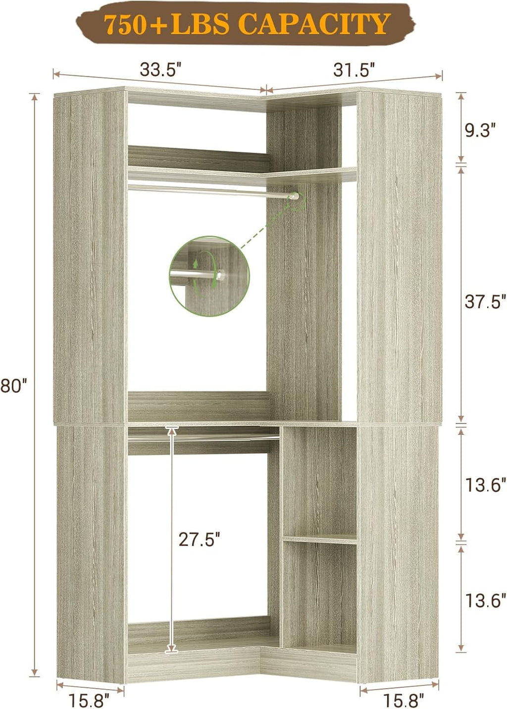 Homieasy 34 W Corner Closet System with Hanging Rods, White