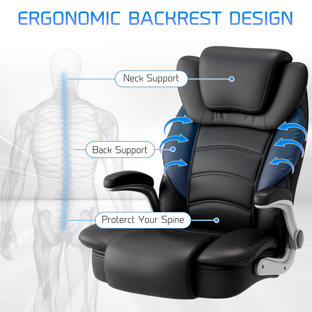 Ninecer Big and Tall Office Chair 400lb Wide Seat, Ergonomic High Back Leather Executive Desk Chair, Computer Chair with Flip-up Arms, Black