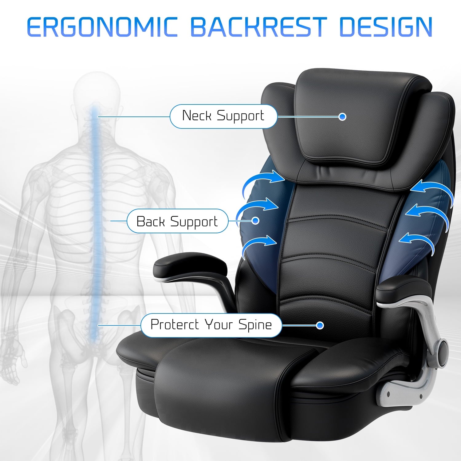 Ninecer Big and Tall Office Chair 400lb Wide Seat, Ergonomic High Back Leather Executive Desk Chair, Computer Chair with Flip-up Arms, Black