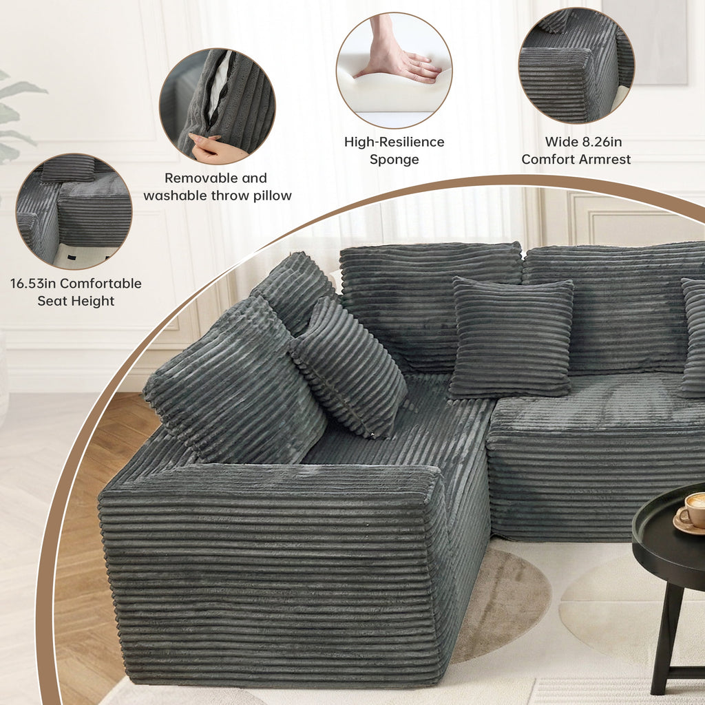 SOULART 138.5 U Shaped Sectional Couch,Gray Cloud Boneless Sofa For Living Room,Plush Corduroy Couches With Deep Seat Chaise Lounge,No Assembly Required