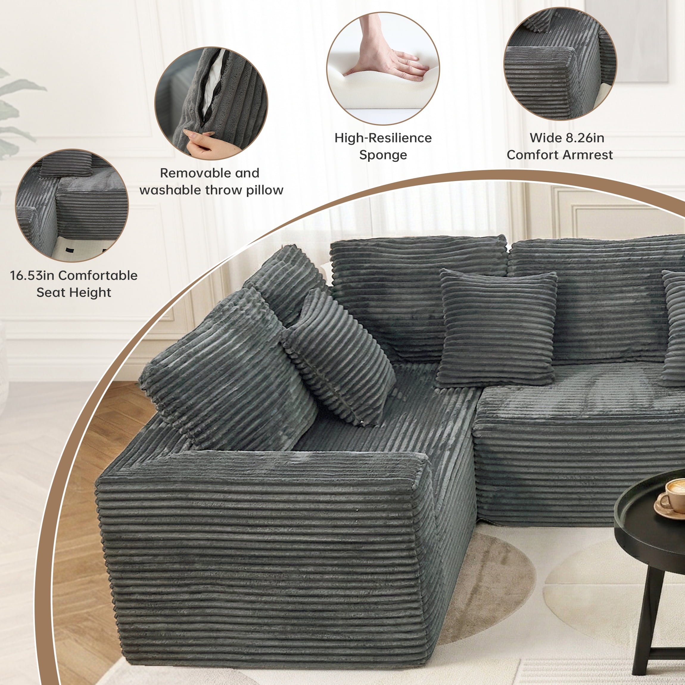 SOULART 138.5 U Shaped Sectional Couch,Gray Cloud Boneless Sofa For Living Room,Plush Corduroy Couches With Deep Seat Chaise Lounge,No Assembly Required