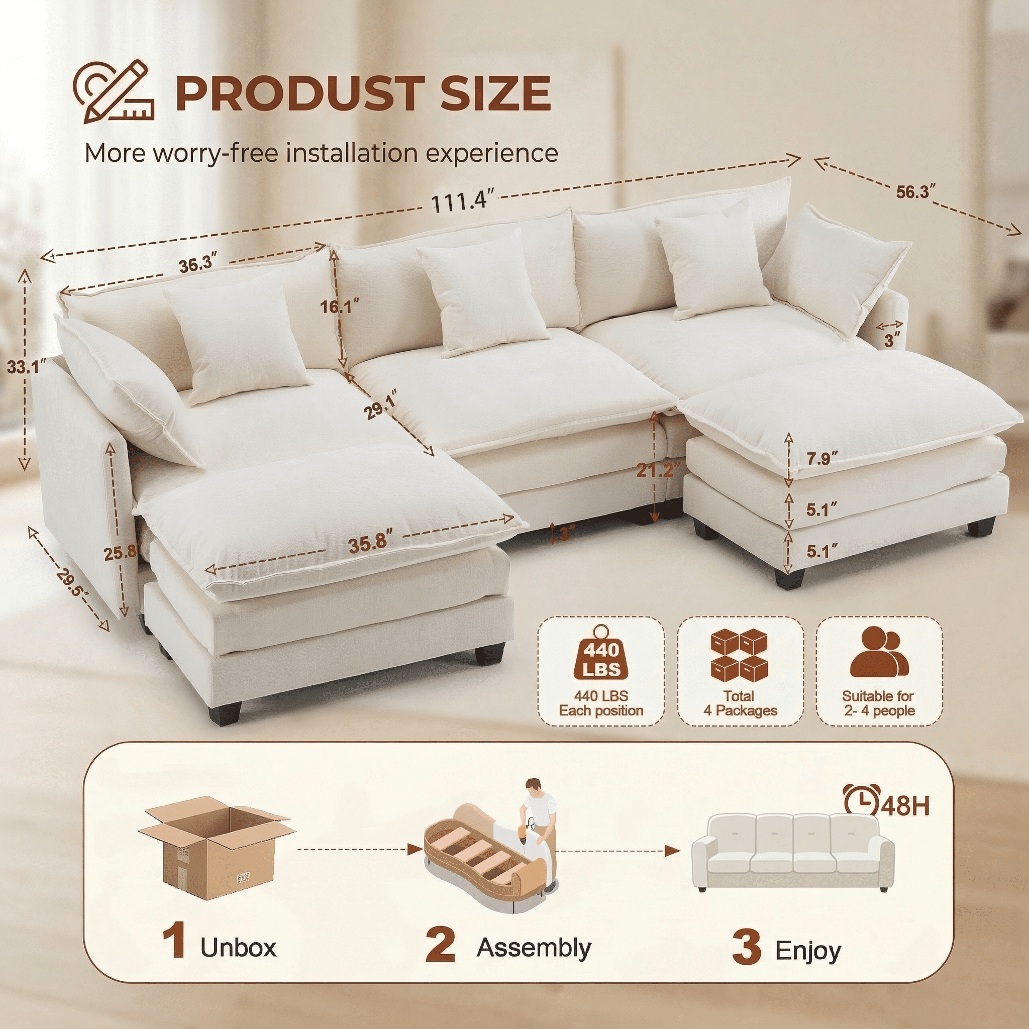 Dioepic Cloud Chenille 3-Seat Living Room Sectional Sofa Modern Cloud Couch 111.4 with Ottoman & 3 Pillows, Grey