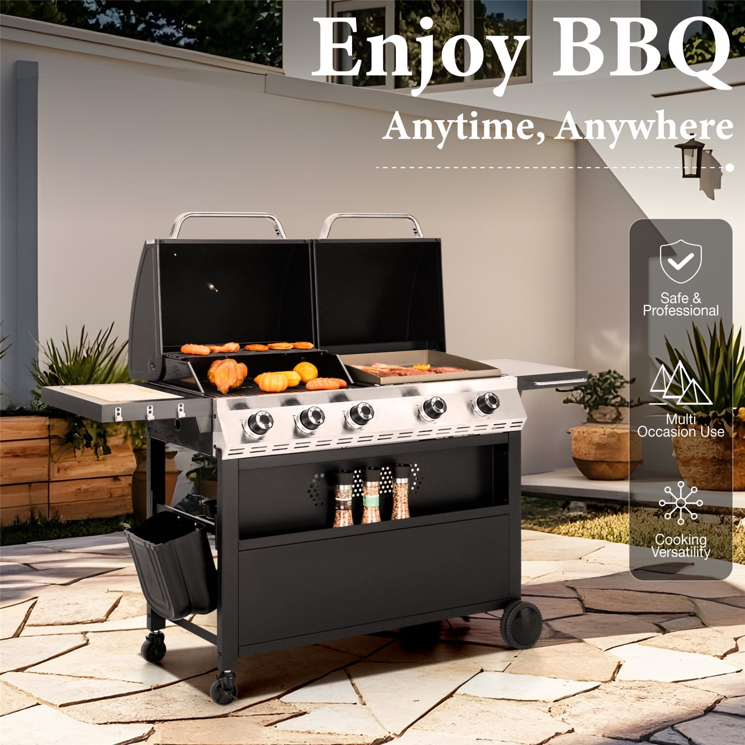 MF Studio 5-Burner Outdoor Propane Gas Grill and Griddle Combo BBQ Grill with Lid 54,000 BUT