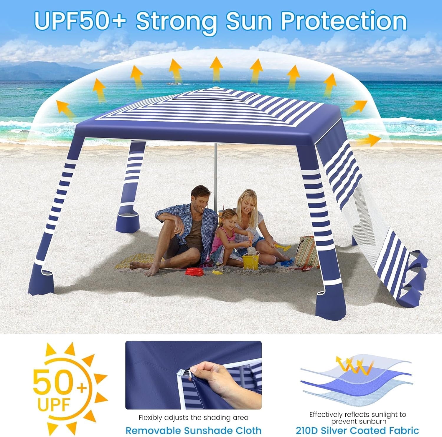 Beach Cabana, 8'×8' Large Canopy with Side Wall, UPF 50+ Protection Easy Setup Tent Sun Shelter, Adjustable Height Wind Resistant Cabana for Whole Family, Navy Stripes