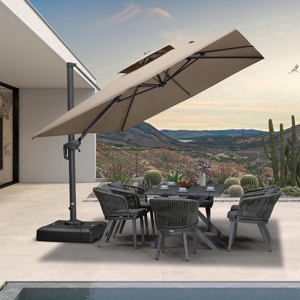 PURPLE LEAF Cantilever Umbrellas 12FT Square Large Patio Umbrella Offset Umbrella with 360°Rotation Tilting And Hanging Double Top, Grey