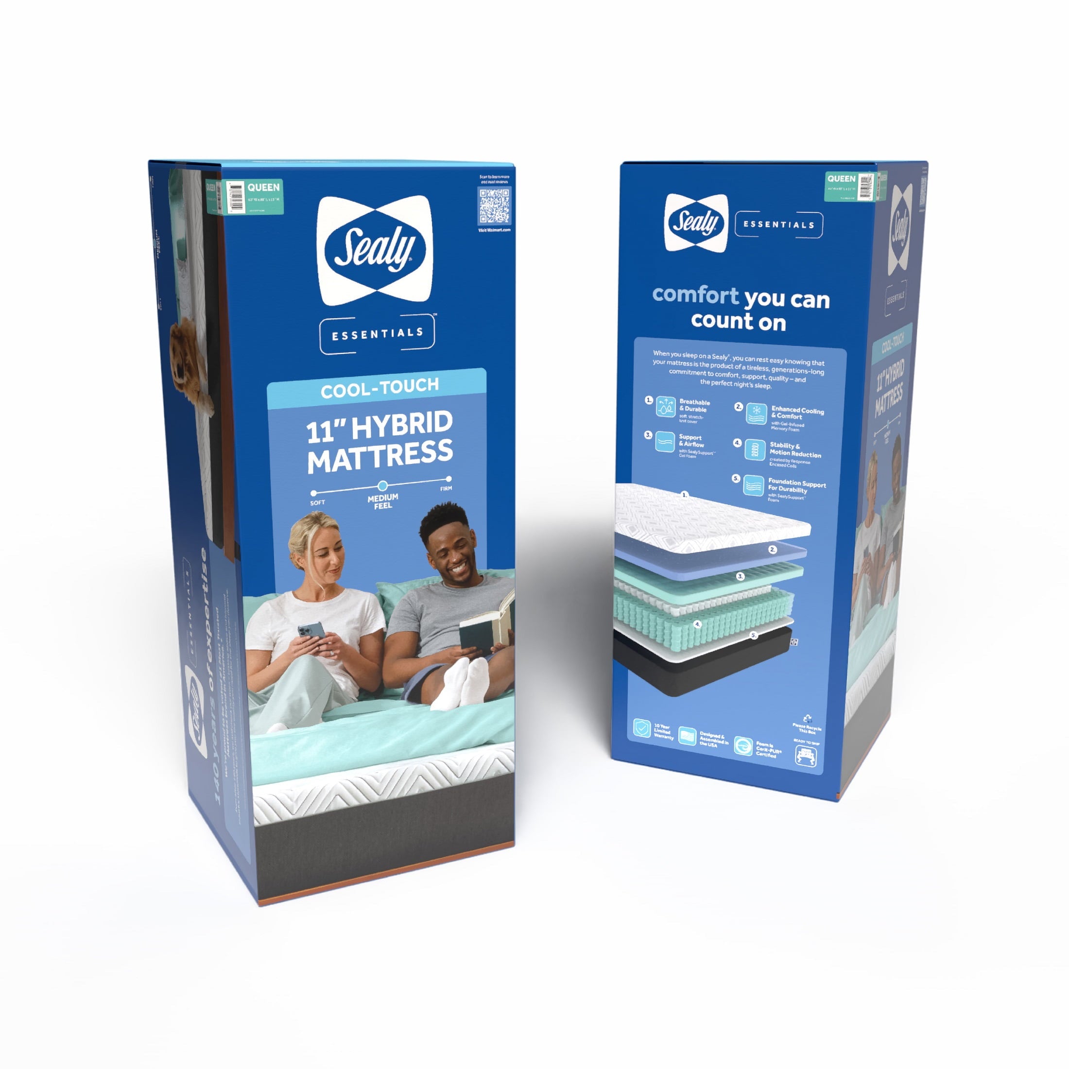 Sealy Essentials Cool-Touch 11” Hybrid Medium-Feel Queen Mattress-in-a-Box, Adult