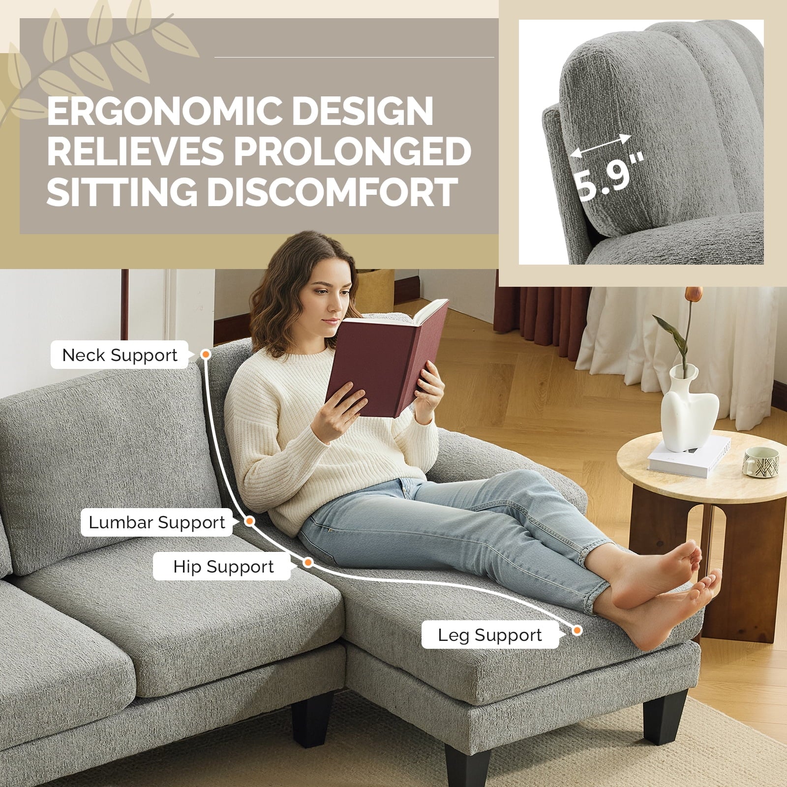 Ktaxon U-Shaped Sectional Sofa Set with Chaise, 4-Seater Blended Chenille Couch for Living Room, Apartment, Easy Assembly Khaki