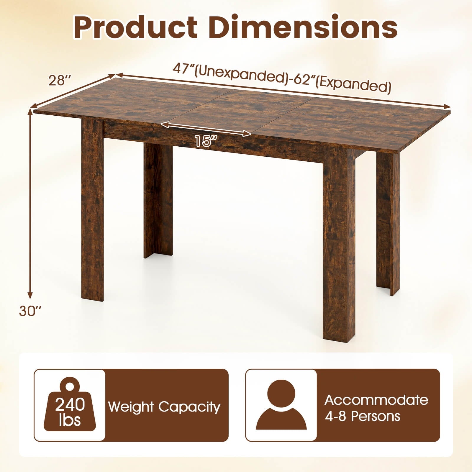 Costway 47”-62” Extendable Dining Table for 4-8 People for Dining Room Home Office Brown
