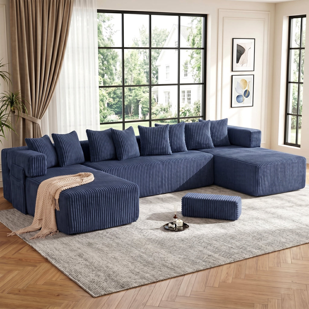 SOULART 138.5 U Shaped Sectional Couch,Gray Cloud Boneless Sofa For Living Room,Plush Corduroy Couches With Deep Seat Chaise Lounge,No Assembly Required