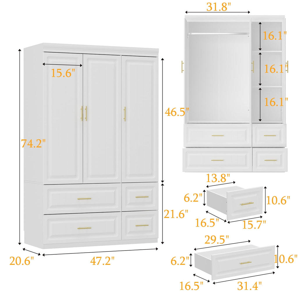 Oxylife 4-Door Wardrobe Armoire, Closet with Shelves and Drawers,Storage Cabinet with Rod for Bedroom, 93.3 H,White