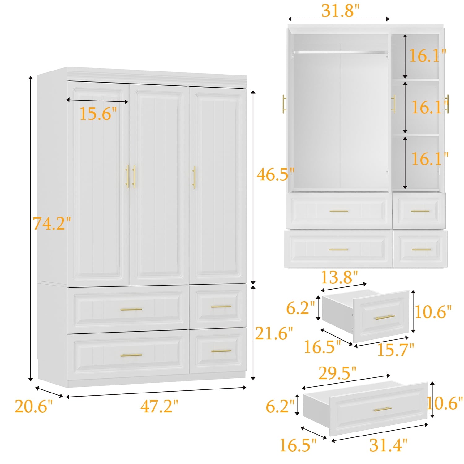 Oxylife 4-Door Wardrobe Armoire, Closet with Shelves and Drawers,Storage Cabinet with Rod for Bedroom, 93.3 H,White