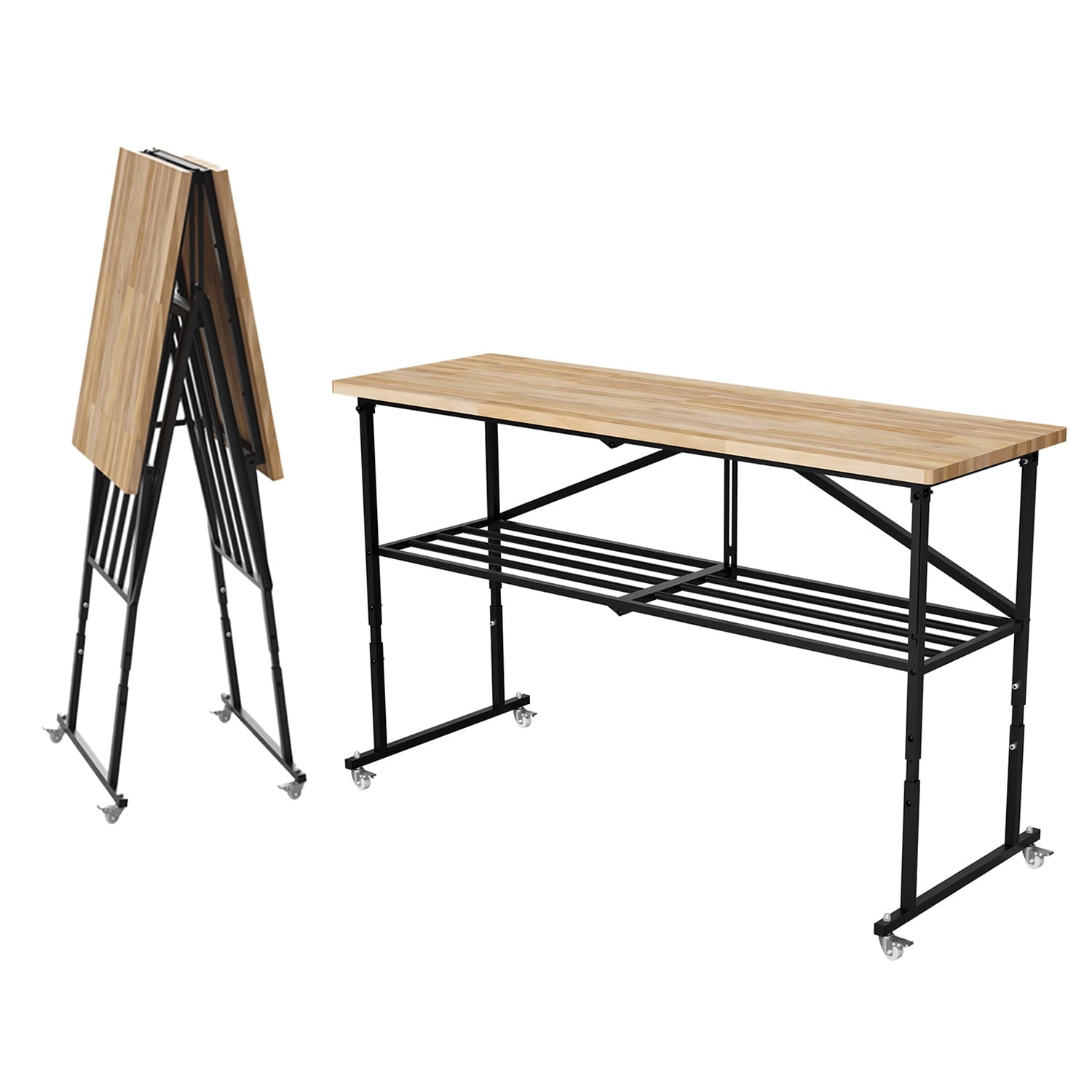 68 Folding Workbench with 1.5 Thick Hardwood Top, 2000 LBS Heavy Duty Adjustable Height Garage Work Table with Locking Wheels for Shop, Office, Crafting