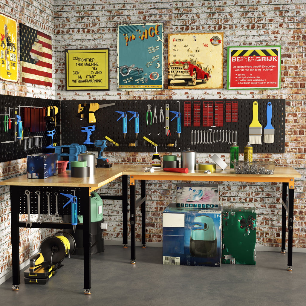 Joywind 60 Heavy-Duty Adjustable Workbench with Locking Wheels, Power Strip & Pegboard – Rubber Wood Work Table for Garage, Workshop, Home Office