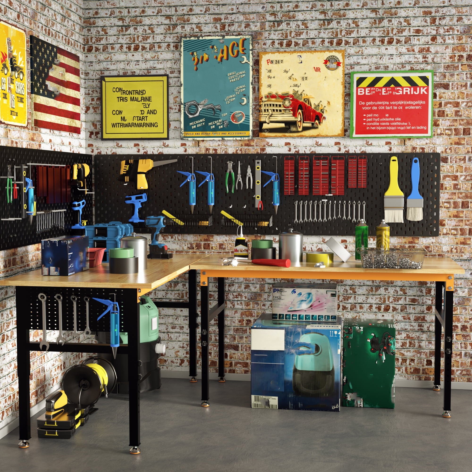 Joywind 60 Heavy-Duty Adjustable Workbench with Locking Wheels, Power Strip & Pegboard – Rubber Wood Work Table for Garage, Workshop, Home Office