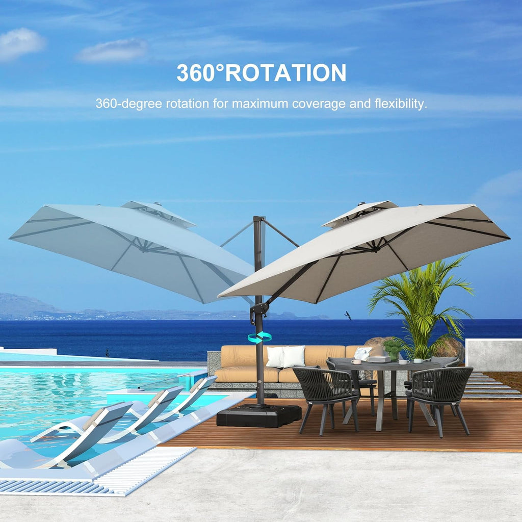 PURPLE LEAF Cantilever Umbrellas 12FT Square Large Patio Umbrella Offset Umbrella with 360°Rotation Tilting And Hanging Double Top, Grey