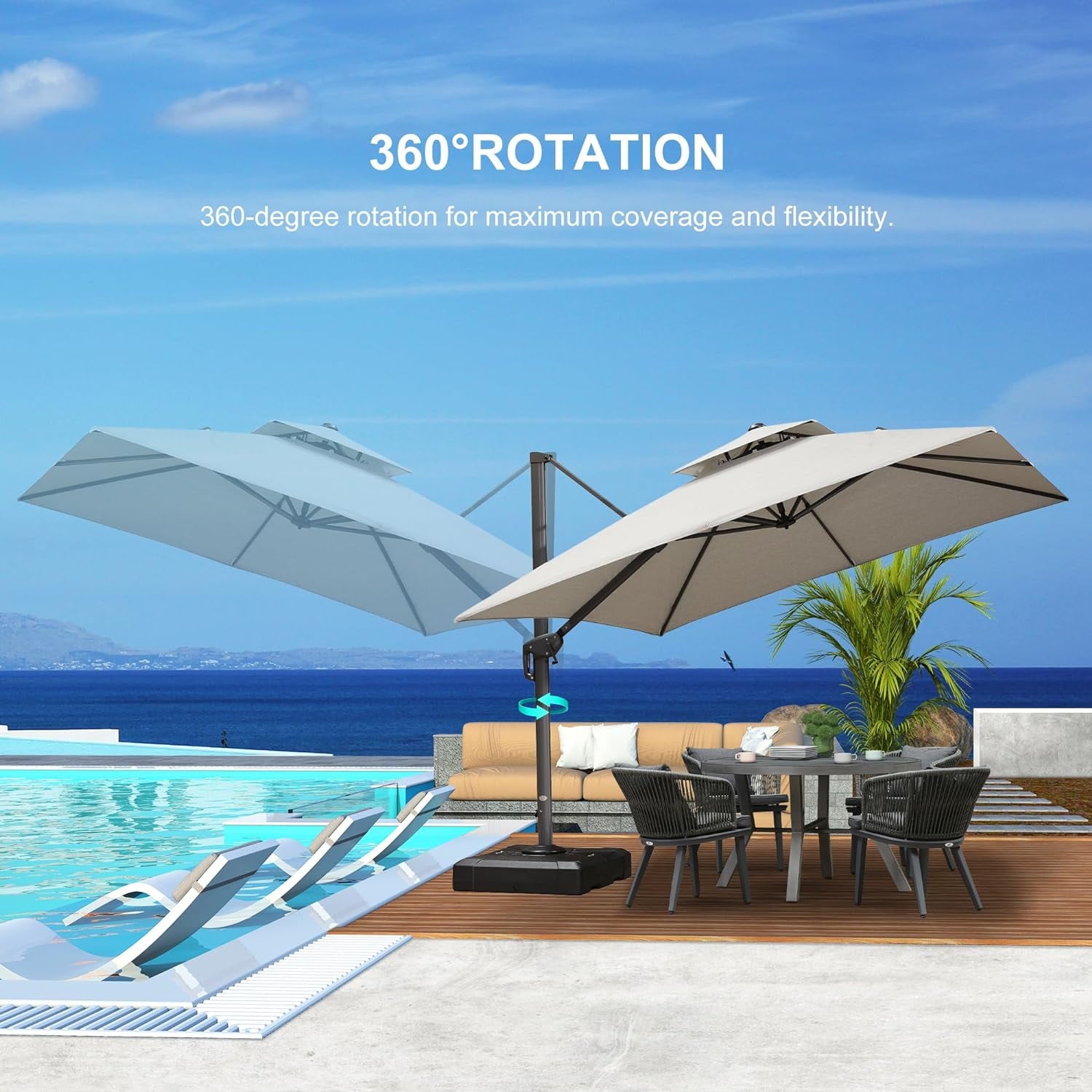PURPLE LEAF Cantilever Umbrellas 12FT Square Large Patio Umbrella Offset Umbrella with 360°Rotation Tilting And Hanging Double Top, Grey