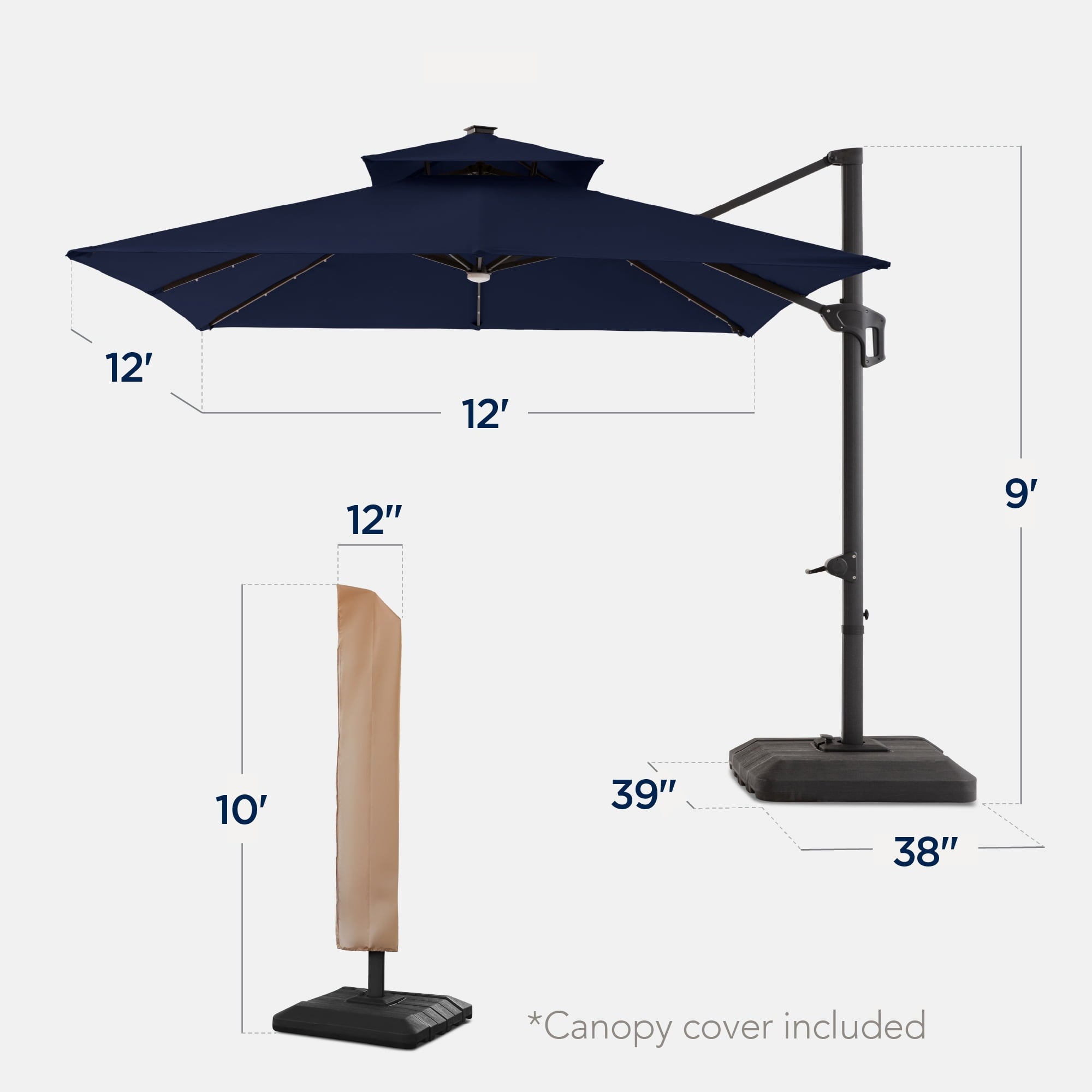 Best Choice Products 12x12ft 2-Tier Square Outdoor Solar LED Cantilever Umbrella w/ 360-Rotating Base   Gray