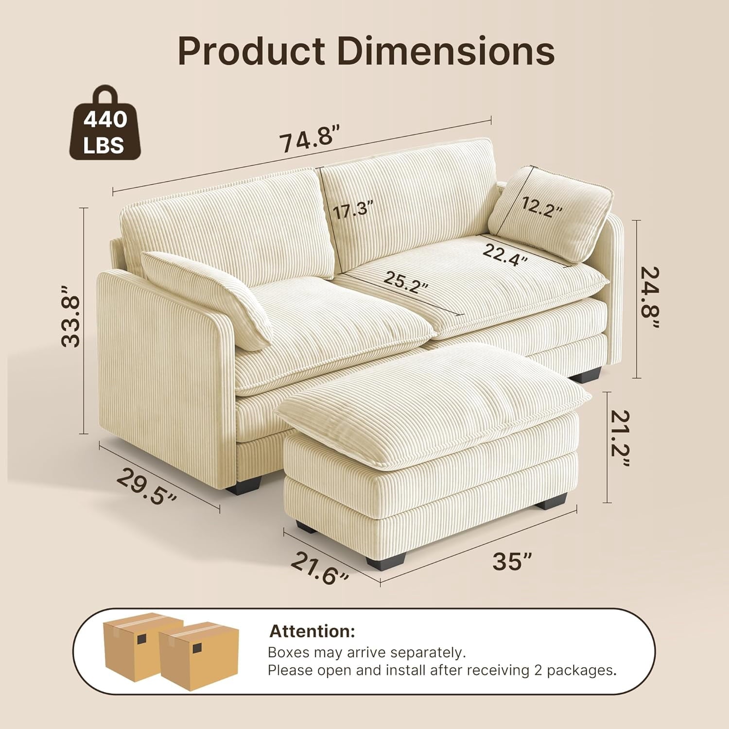 75’’ Cloud Couches for Living Room, Noelse L Shaped Modular Sofa with Deep Seats, 2 Seater Love Seat Couch with Removable Washable Corduroy Fabric for Living Room Bedroom and Apartment, Gray
