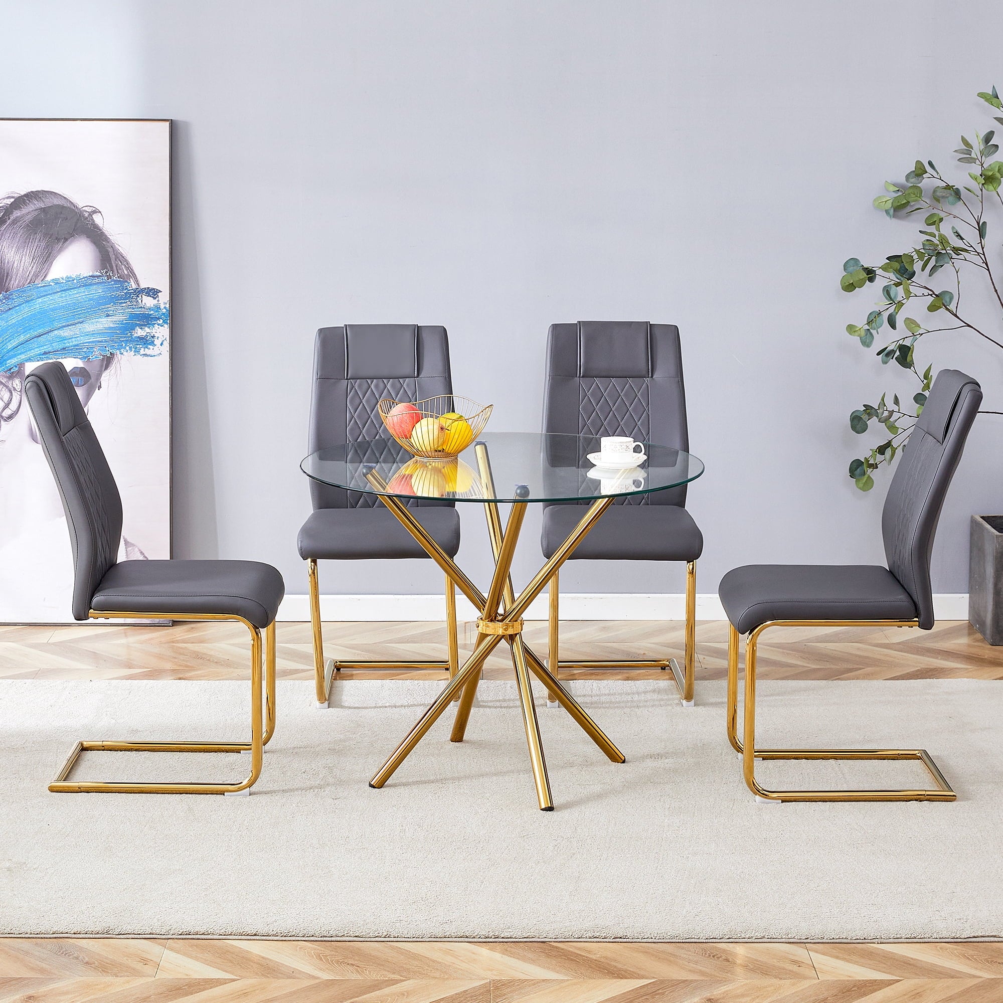 LUFTUT 36.6 Round Glass Dining Table, Modern Gold Base Kitchen Table, Small Space Bistro Table, Clear Tempered Glass Top for Apartmen