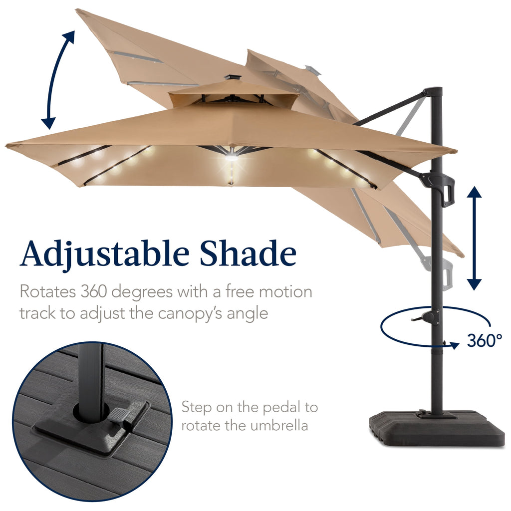 Best Choice Products 12x12ft 2-Tier Square Outdoor Solar LED Cantilever Umbrella w/ 360-Rotating Base   Gray
