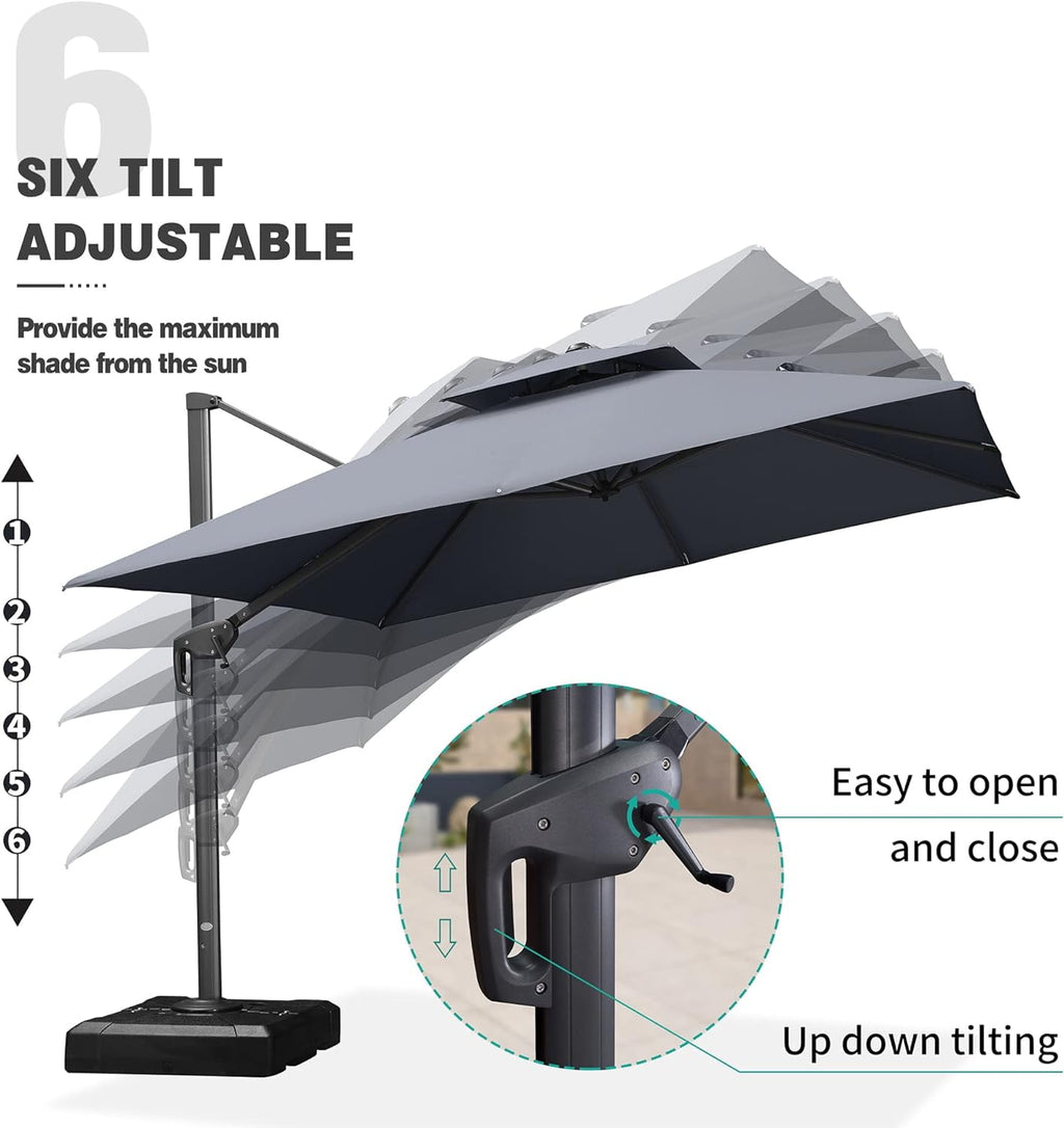 PURPLE LEAF Cantilever Umbrellas 12FT Square Large Patio Umbrella Offset Umbrella with 360°Rotation Tilting And Hanging Double Top, Grey