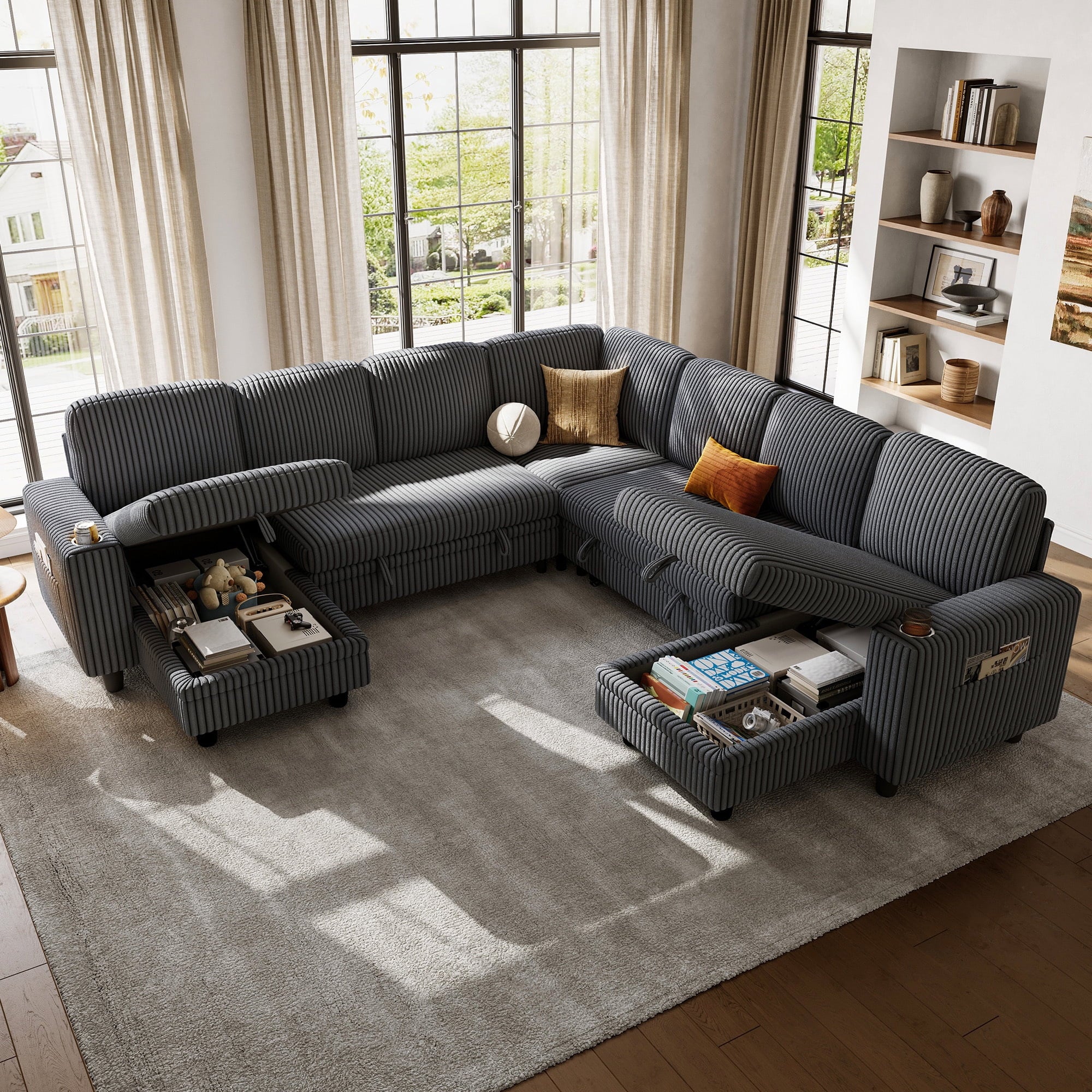 LINSY HOME L Shaped Sectional Couches for Living Room, Sleeper Sofa Bed with Reversible Storage Chaise, Pull Out Couch Bed with USB, Cup Holder, Black