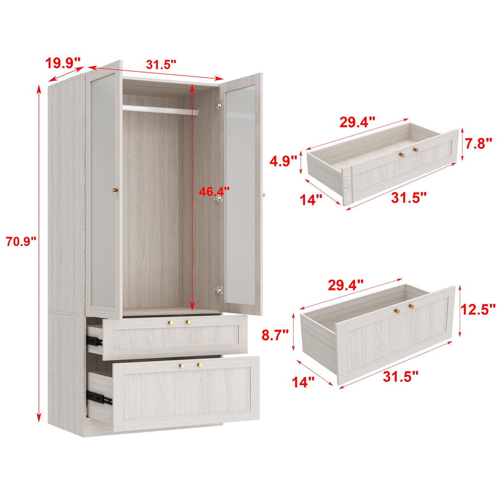 OxyLife 2 Door Wardrobe Armoire, White Closet Storage Organizer with Drawers and Shelves