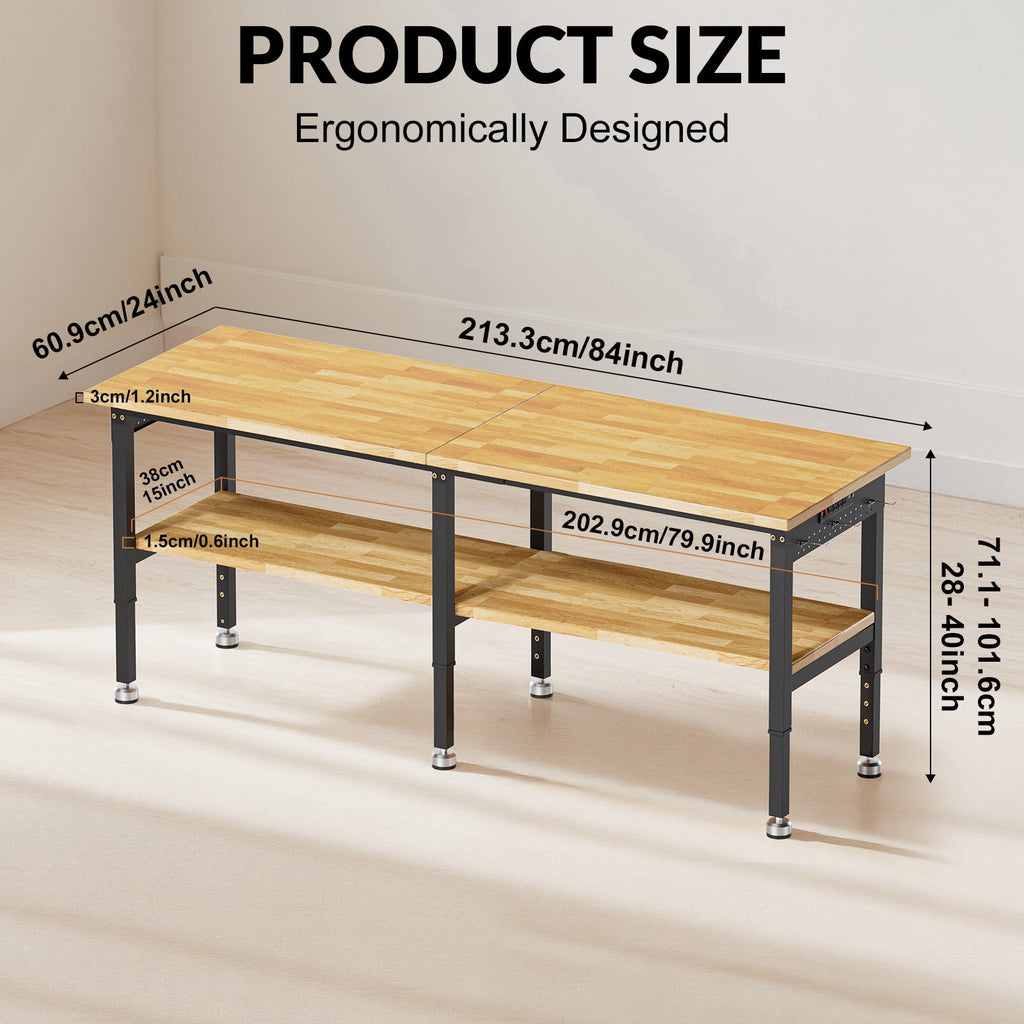 MUWOOD 96-inch Adjustable Height Workbench with Adjustable Height, Wood Worktop, 5000 LBS Load Capacity for Garage, Workshop