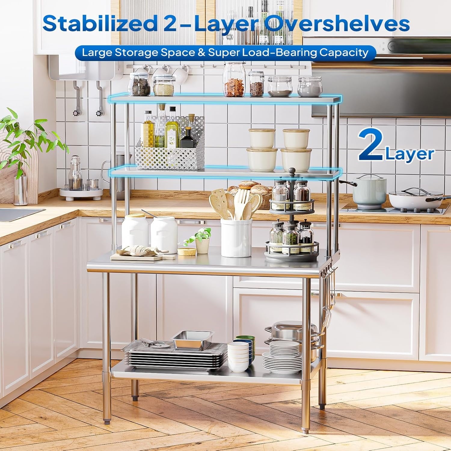 Ktaxon 72 x 30 Stainless Steel Workbench with Overshelves, NSF Commercial Heavy Duty Work Table with Adjustable Undershelf & Detachable Hooks
