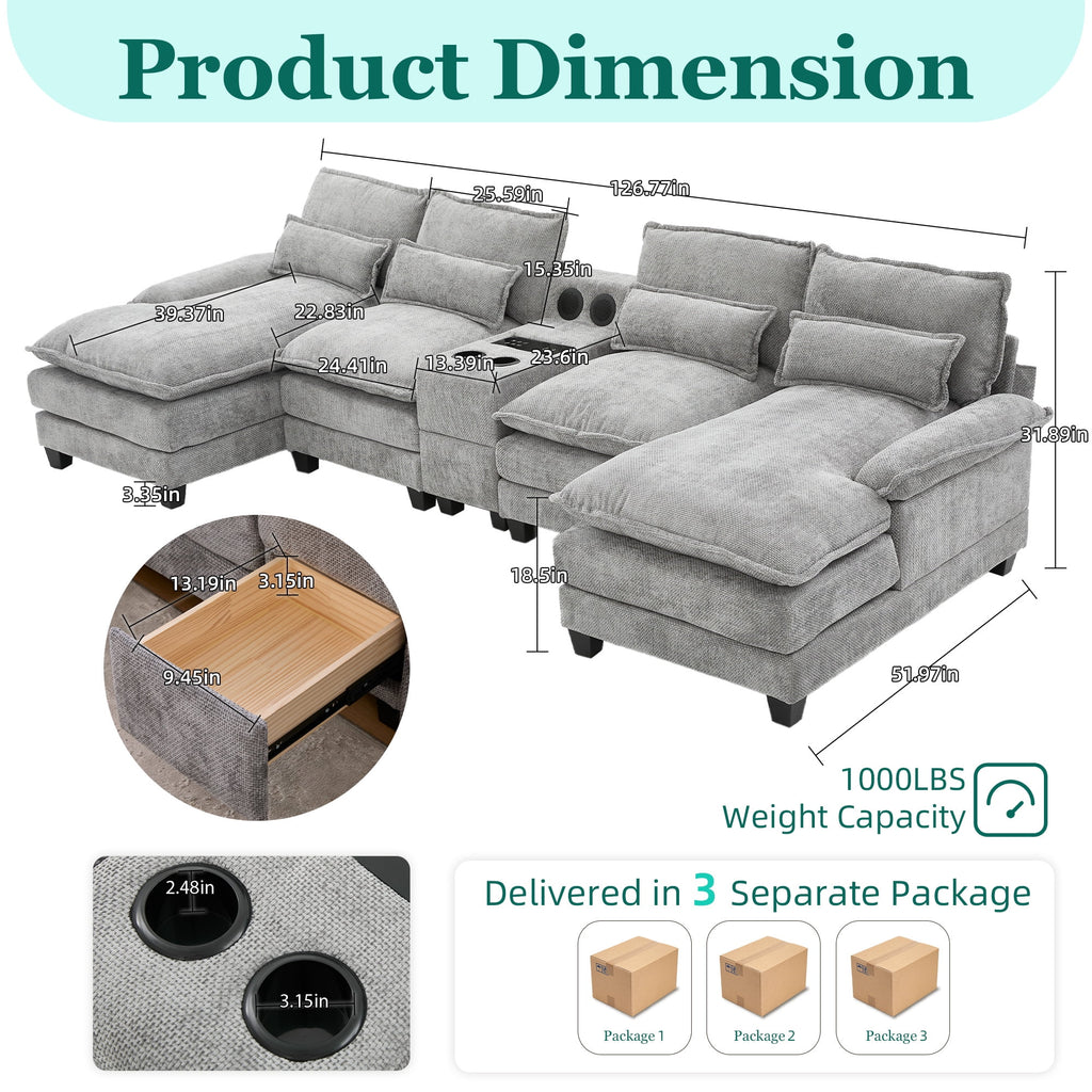 Villeston 126.77 U-Shaped Cloud Sofa With Chaise Lounge, Chenille Sofa With Wireless Charging, Bluetooth Speaker, Two Cup Holders, Storage Drawer, Suitable For Living Room,Gray