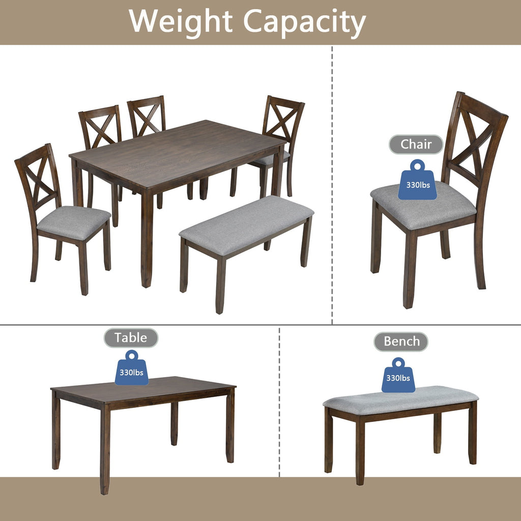 Dining Room Set, LEGAHOME 6 Piece Dining Sets with Bench and Chairs, Solid Wood Kitchen Dining Table Set for 6 with Upholstered Chairs, Gray