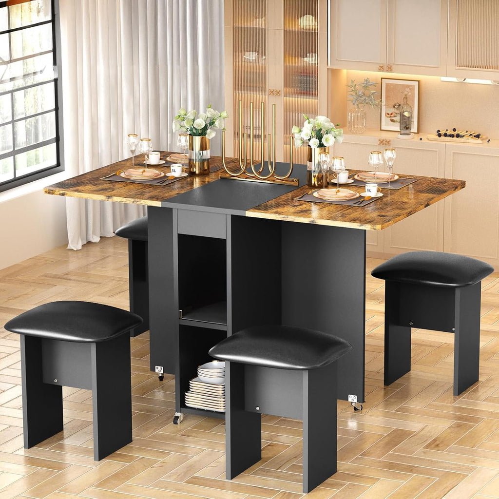 MIERES Folding Dining Table Set for 4, Dinner Table with 4 Leather Chairs and Shelves, Space Saving Foldable Dining Table with 6 Wheels, Kitchen Table for Small Spaces (Grey)