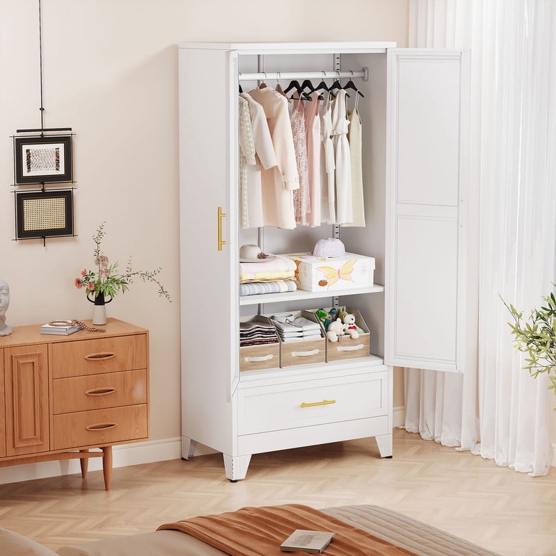 Ero Metal Freestanding Armoire Wardrobe Closet with Hanging Rod and Mirror