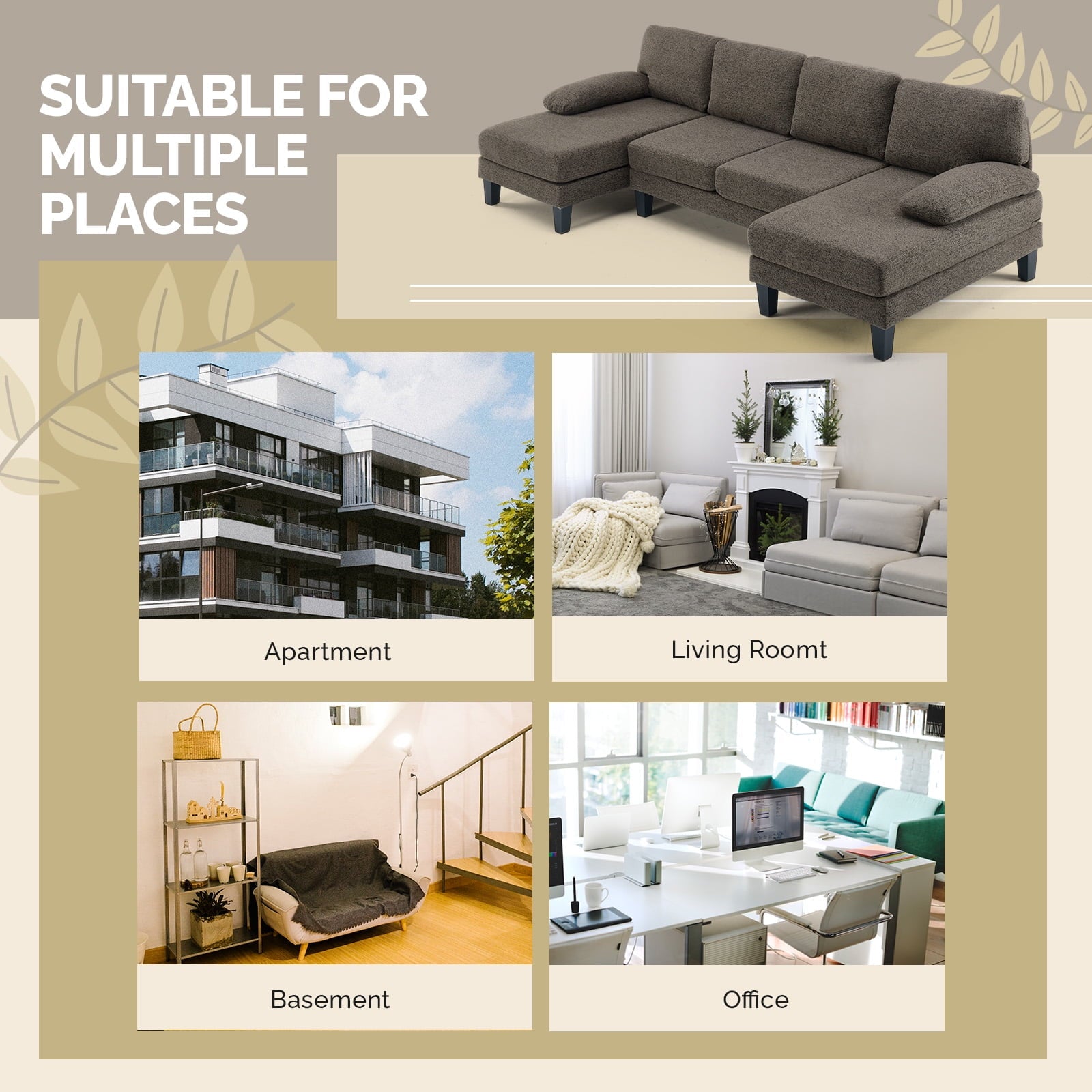 Ktaxon U-Shaped Sectional Sofa Set with Chaise, 4-Seater Blended Chenille Couch for Living Room, Apartment, Easy Assembly Khaki
