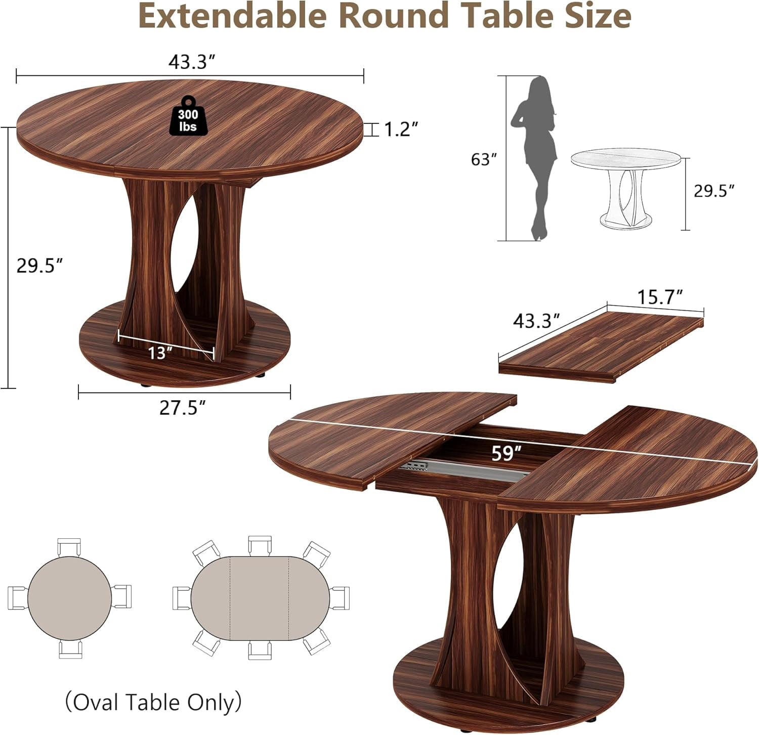 Virans 43.3-59 Extendable Round Dining Table for 6-8,Kitchen Table with MDF,Modern Dinner Table for Dining Rooms,Living Rooms,Walnut