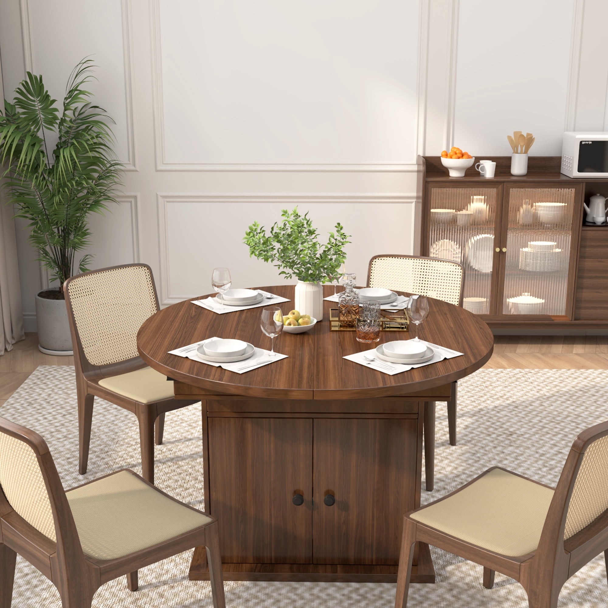 WARAYZ 43.3–59in Extendable Dining Table, Wood Expandable Design with Hidden Storage, Rectangular Space-Saving Dark Brown
