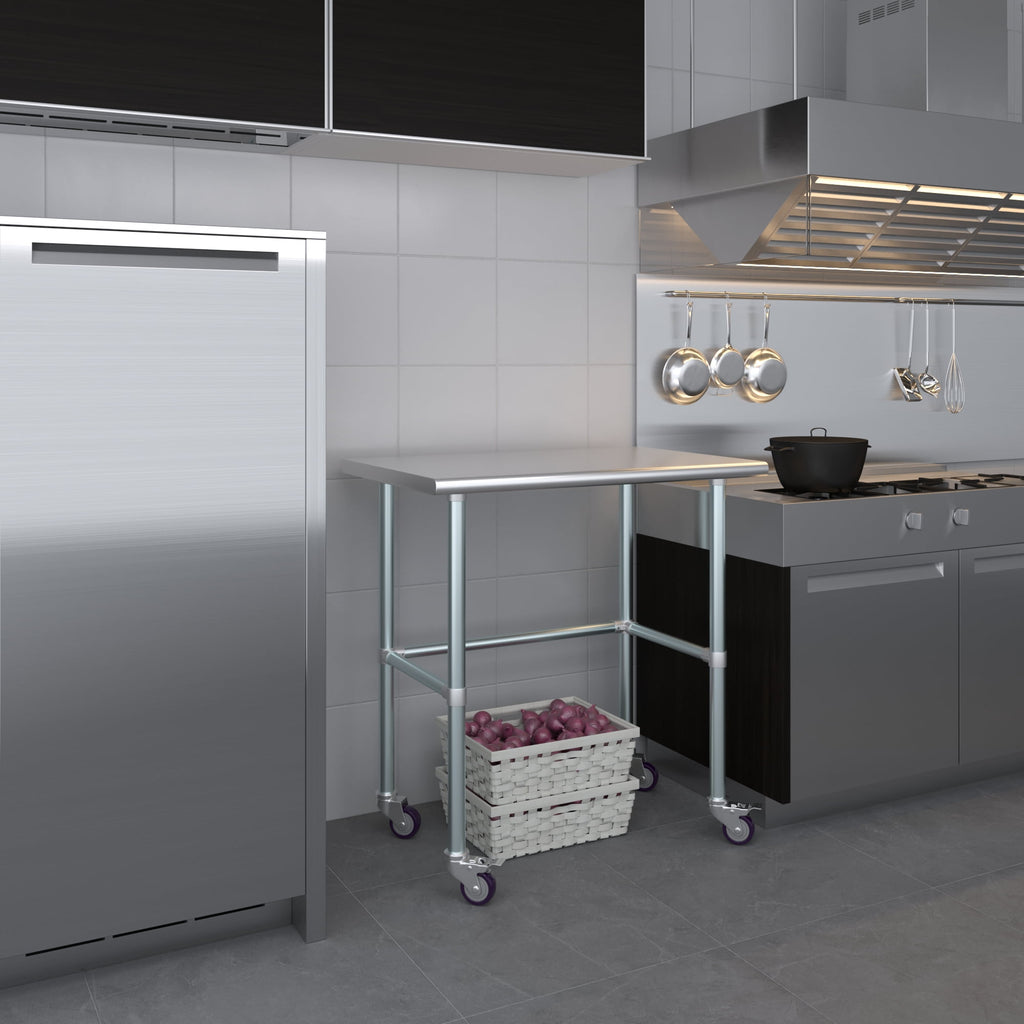 AmGood 36 Long x 30 Deep Stainless-Steel Work Table with Open Base and Wheels, Mobile Metal Table