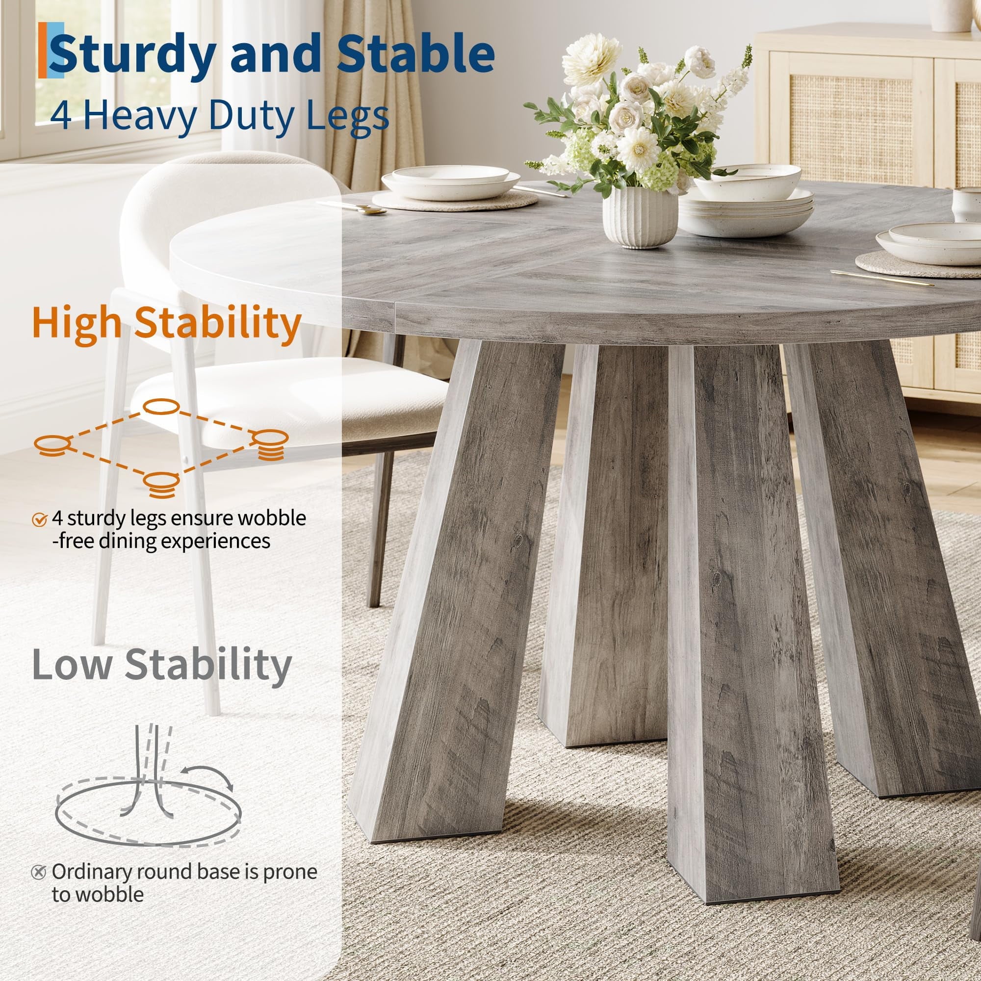 47 Round Farmhouse Dining Table for 4 | Sturdy Kitchen Table & Breakfast Nook Centerpiece Space-Saving Design for Dining Room (Table Only)