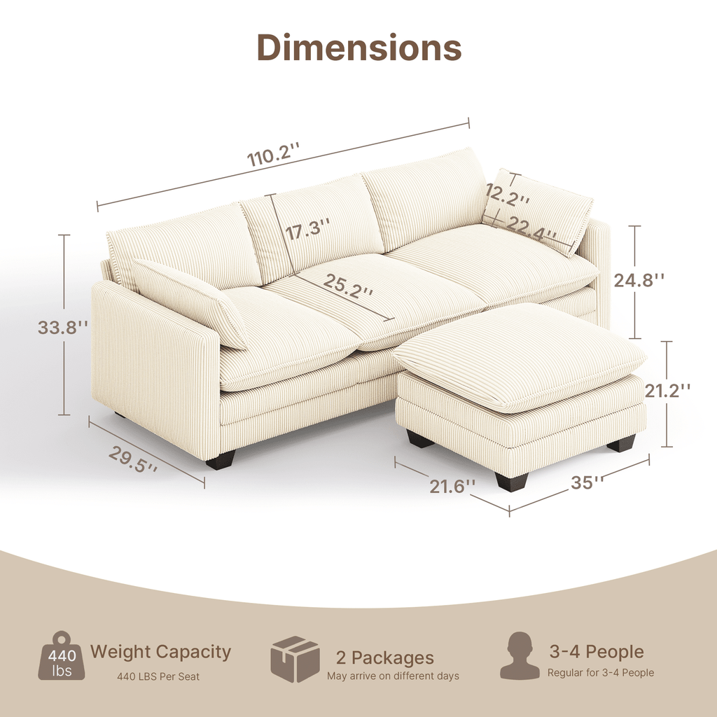 110'' Oversized L Shaped Couch for Living Room, Cloud Couches with Washable Corduroy Cover, Modern 4-Seater Comfy Deep-Seat Sofa with Movable Ottoman and 2 Throw Pillows for Apartment, Gray