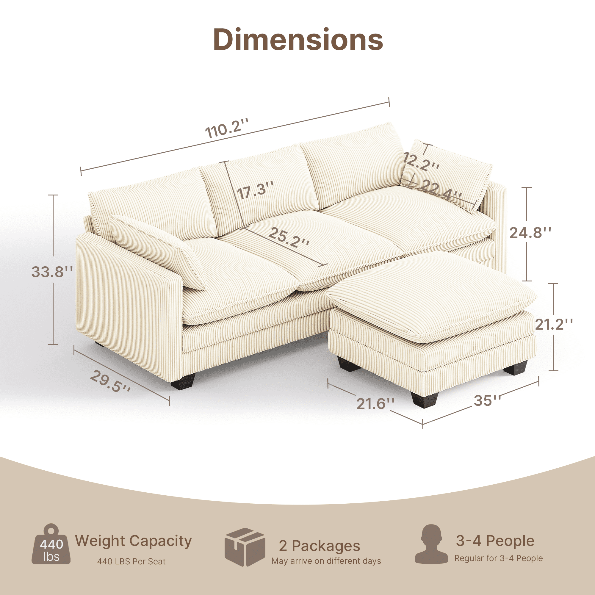 110'' Oversized L Shaped Couch for Living Room, Cloud Couches with Washable Corduroy Cover, Modern 4-Seater Comfy Deep-Seat Sofa with Movable Ottoman and 2 Throw Pillows for Apartment, Gray