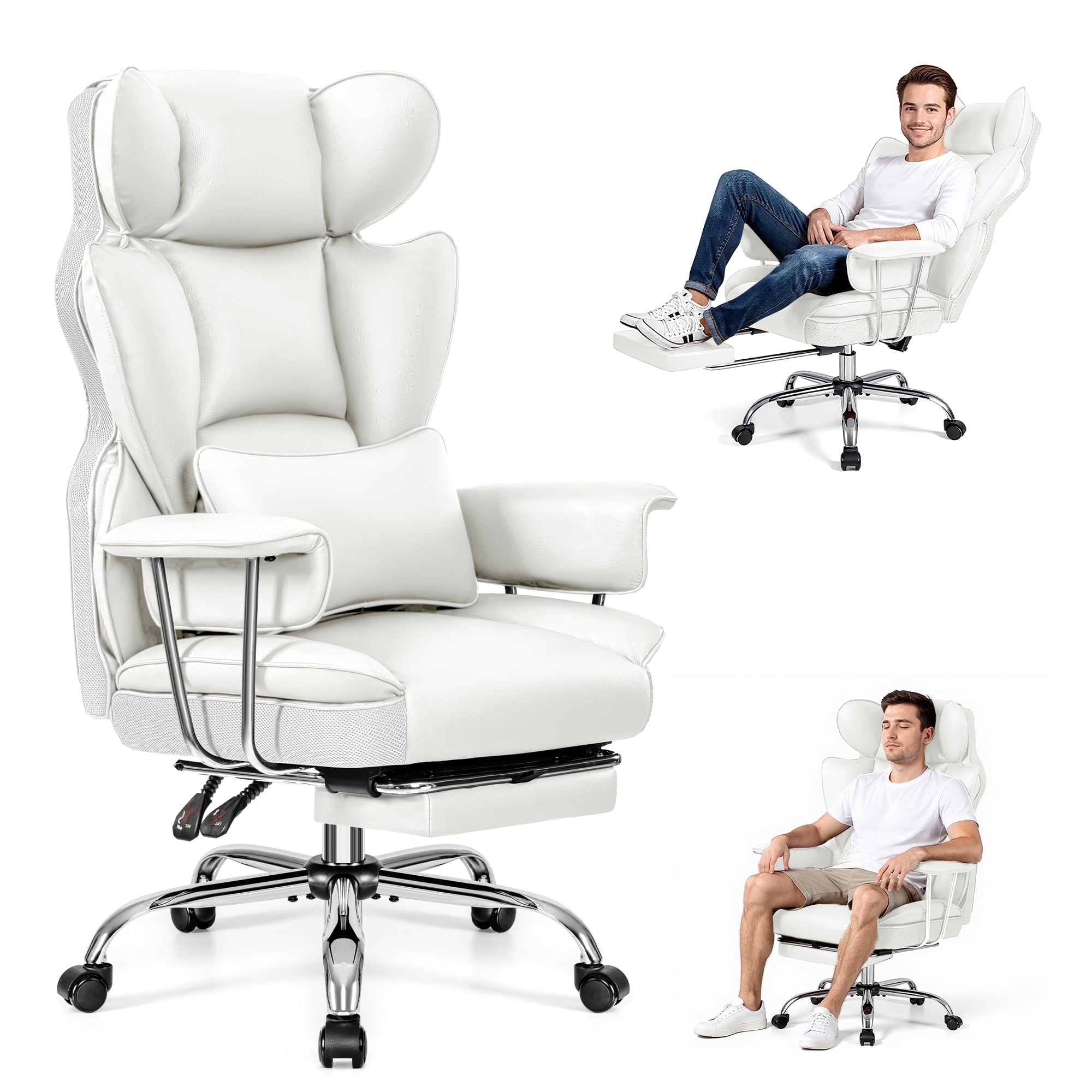 Primy High Back Office Chair, Big and Tall PU Leather Executive Chair with Footrest – Ergonomic Reclining Computer Desk Chair, High-Density Foam, Heavy Duty Swivel Rolling Chair, Black