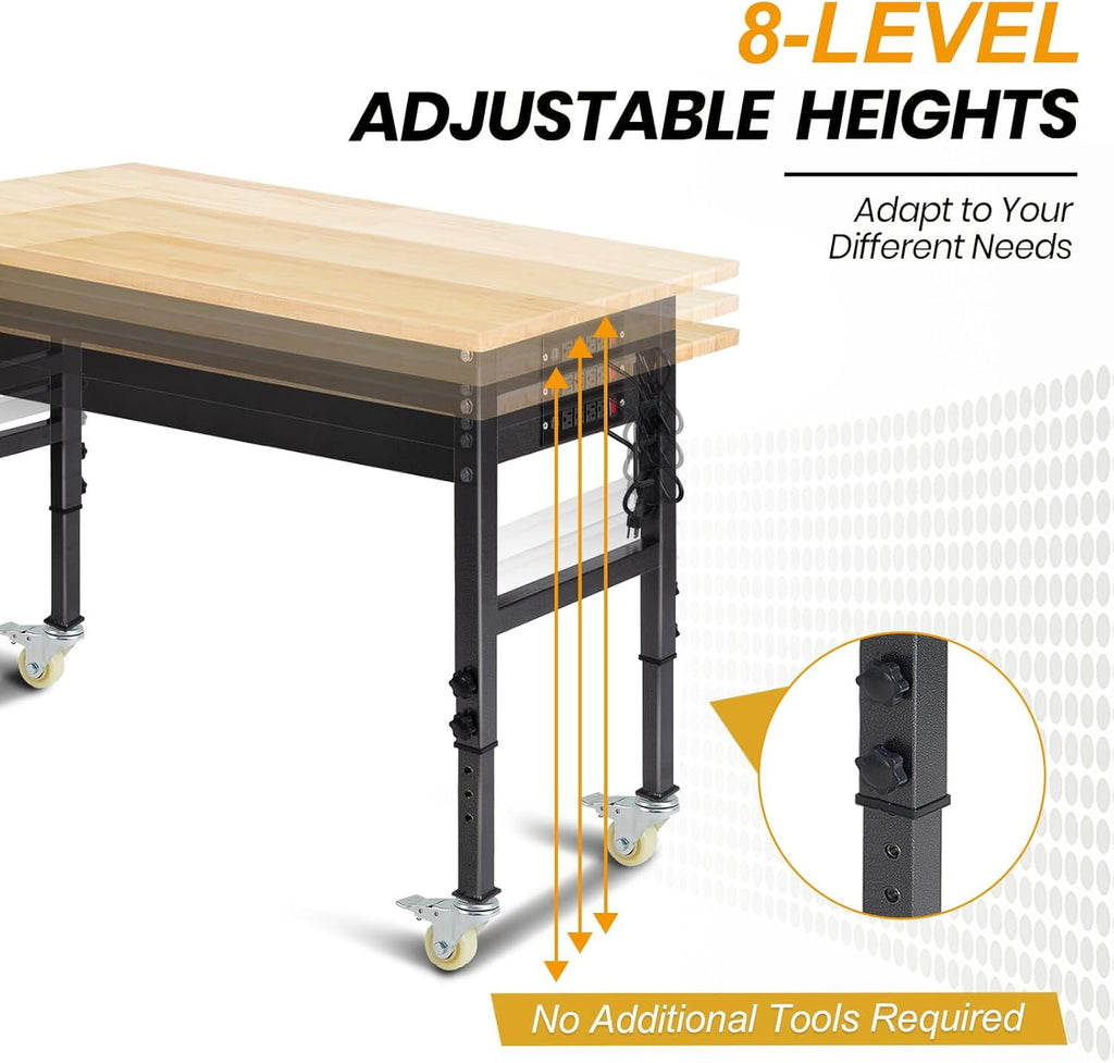 NETAJE 60 Heavy-Duty Work Bench Adjustable Workbench Work Table 2000 lb Load Capacity w/ Power Outlets for Garage, Workshop, Workstation