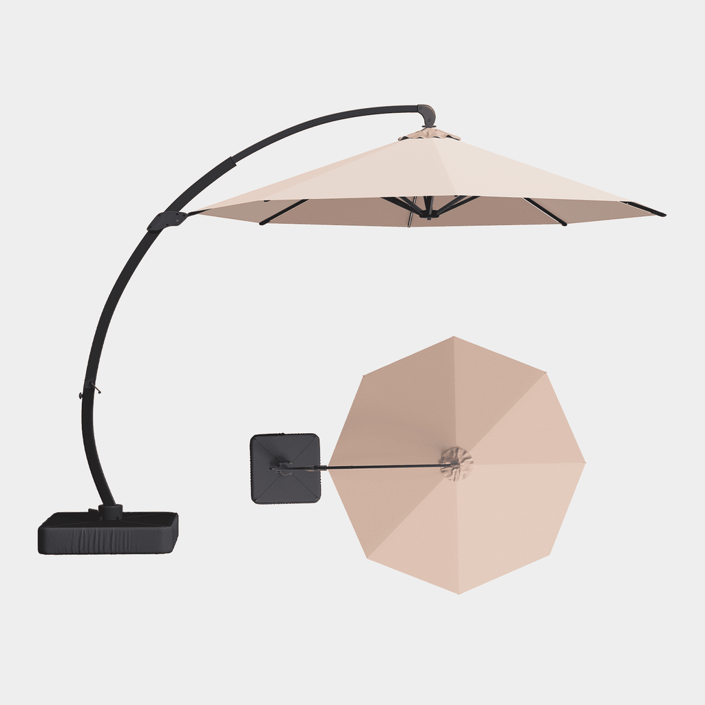 BaPiPro 11ft Offset Cantilever Patio Umbrella with Solar Lights & Base Included, Large Round Heavy Duty Frame Umbrella, 360° Rotation, for Deck Pool Backyard, Beige