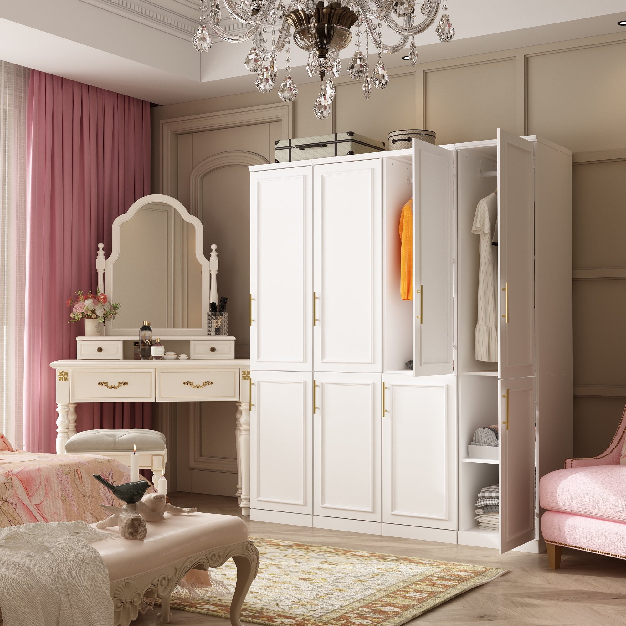 OxyLife 2 Door Wardrobe Armoire, White Closet Storage Organizer with Drawers and Shelves