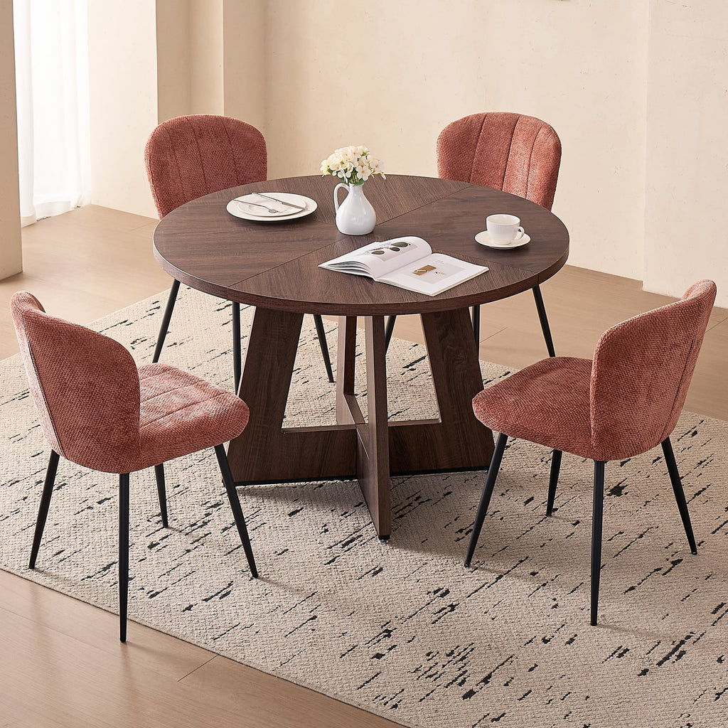 5 Piece 47'' Round Dining Table Chairs Set for 4, Farmhouse Oak Kitchen Table with 4 Boucle Mid Century Modern Dinning Room Chairs, Wood Dinner Table &Upholstered Chair Set of 4, Beige