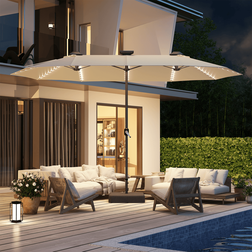 AECOJOY 10x10ft Outdoor Cantilever Patio Umbrella with Base, 360° Tilt & Rotate, Beige