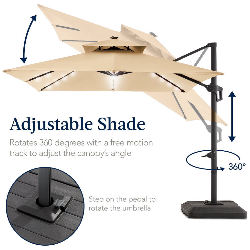 Best Choice Products 12x12ft 2-Tier Square Outdoor Solar LED Cantilever Umbrella w/ 360-Rotating Base   Gray