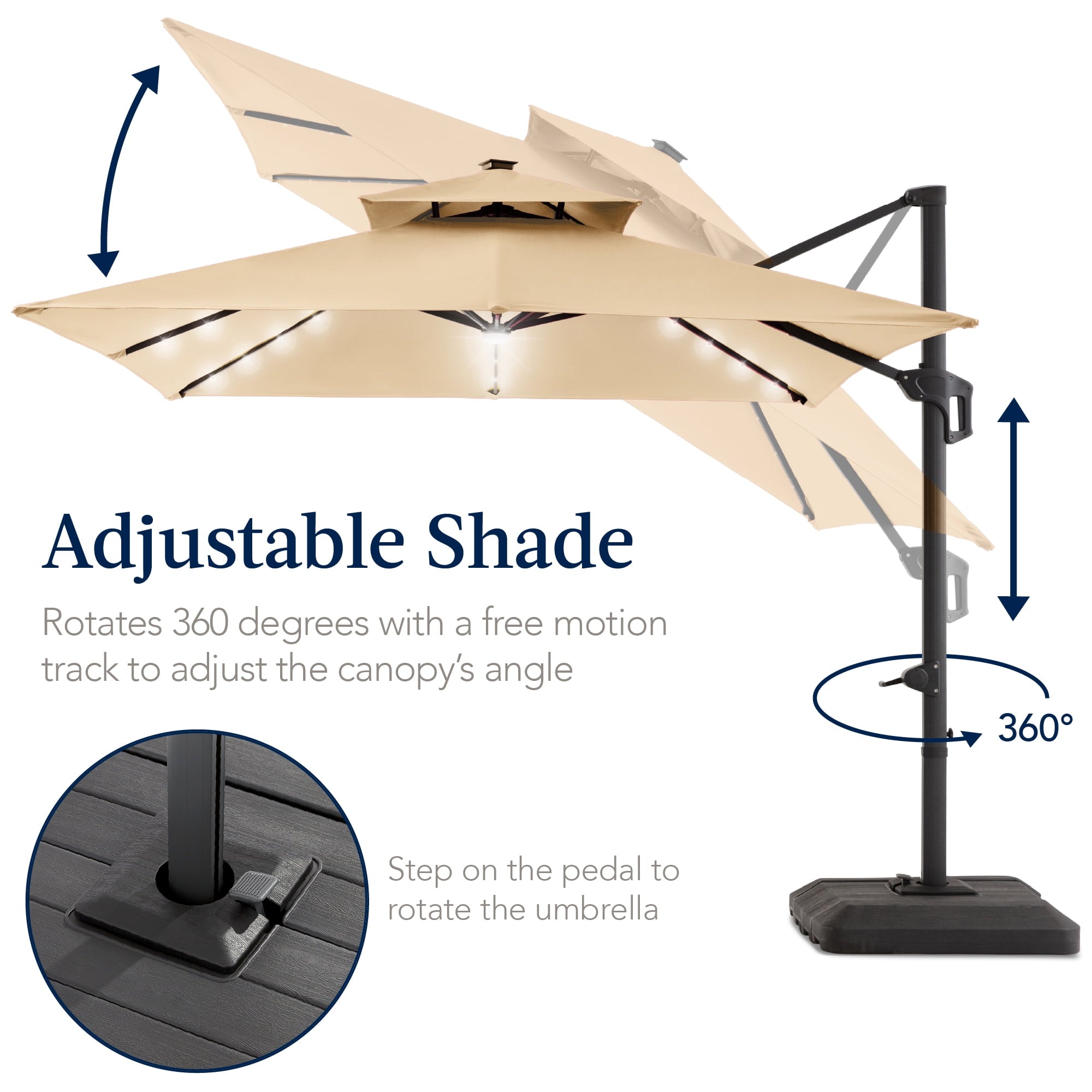 Best Choice Products 12x12ft 2-Tier Square Outdoor Solar LED Cantilever Umbrella w/ 360-Rotating Base   Gray